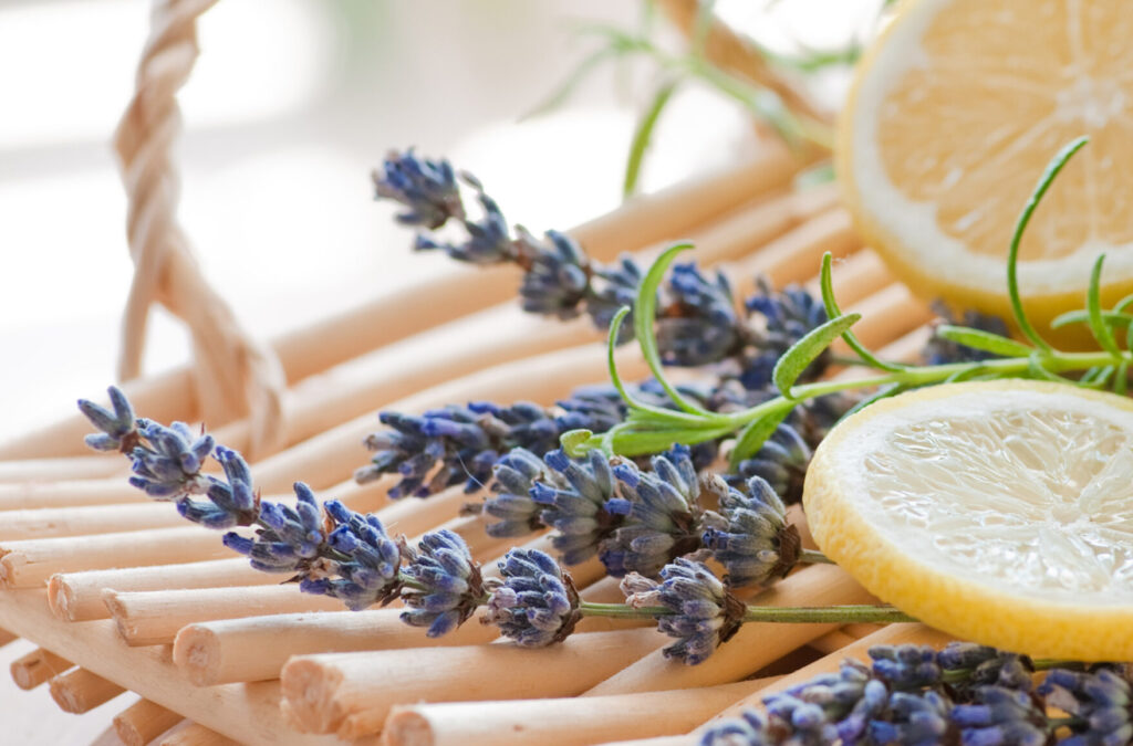 still life with natural essential oil bottle